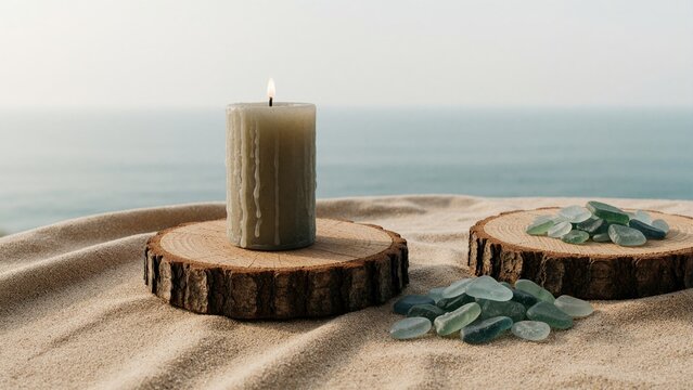 Tranquil Beach Spa Setup with Lit Candle and Sea Glass on Rustic Wooden Slices