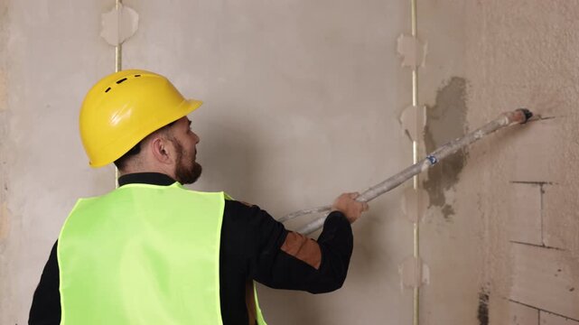 building by machine, skilled labor, cement render. Worker wearing protective gear applies plaster mortar with spray gun to concrete block wall.