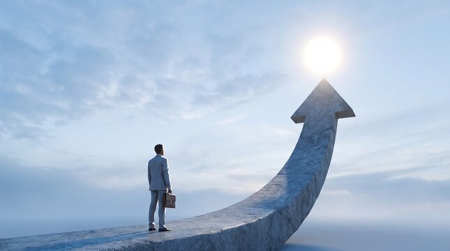 Ambitious businessman standing on a rising arrow, looking towards a bright future and success. Professional growth, career development, and business achievement concept.