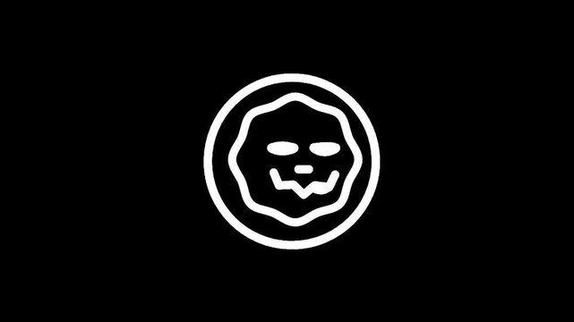 Simple white outline of a spooky skull face inside a circle on a black background