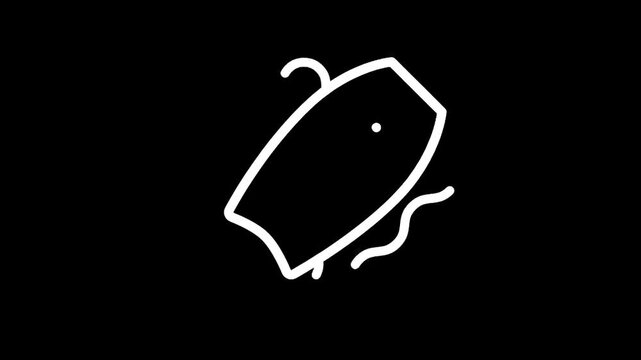 Simple white outline of a boogie board floating on water waves against black background