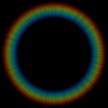 Circular rainbow spectrum lens flare and smooth chromatic aberration light burst ring isolated on black background
