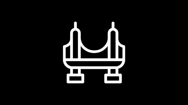 Simple line art icon of a suspension bridge on a black background