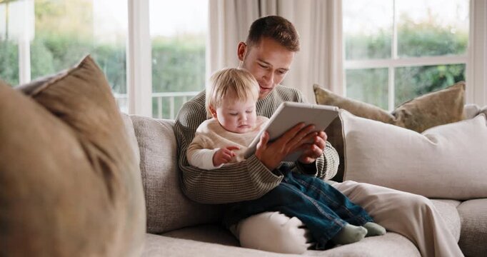 Tablet, relax and father with baby on sofa in home with educational game for cognitive development. Digital technology, people and dad with toddler in living room for online gaming, bonding or growth