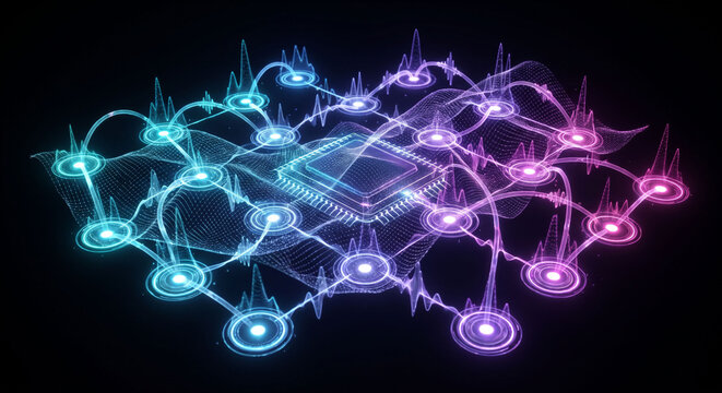 Quantum Computer Network with Qubits - Futuristic Technology Concept
