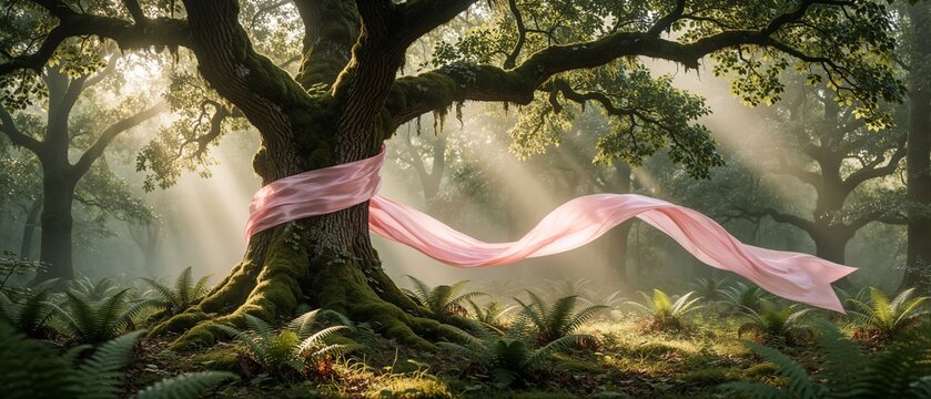 Pink Silk Ribbon Draped Around Ancient Mossy Tree in Mystical Sunlit Forest