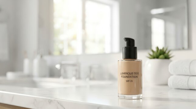 Liquid foundation bottle in a bright bathroom, flawless makeup routine, cosmetic product, beauty care, self care lifestyle.