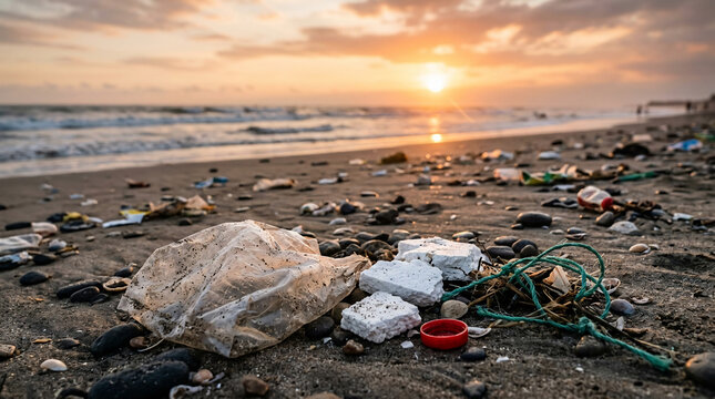 Plastic pollution on a sandy beach at sunset, highlighting the environmental crisis and ocean waste