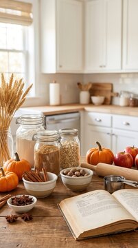 Autumn baking ingredients on a cozy kitchen counter, seasonal home cooking, harvest recipes, family meal preparation.