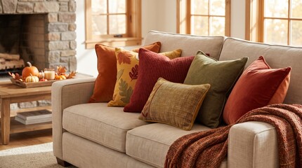 Fototapeta premium Cozy autumn living room with warm blankets and seasonal decor, comfortable family home interior.