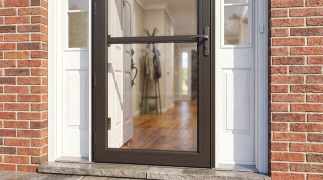 Modern aluminum storm door protecting home entrance, energy efficiency, residential exterior upgrade, home improvement.