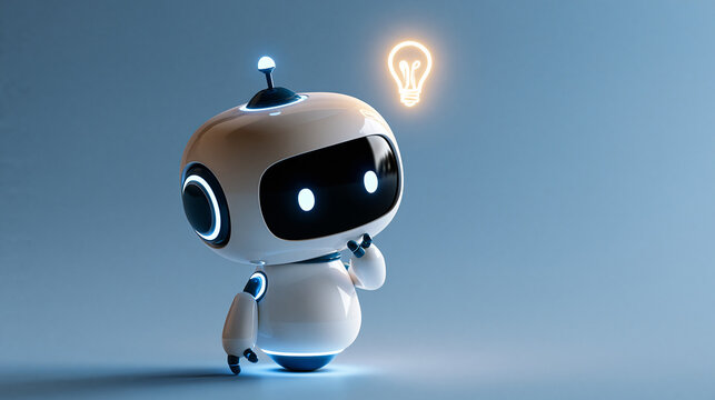 Friendly robot figure in a thoughtful pose with a glowing idea symbol above its head on a bright clean background robot thinking thoughtful machine idea symbol cute robotics