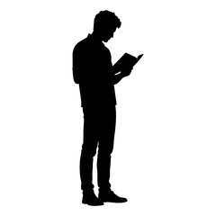 Silhouette of a man standing and reading a book
