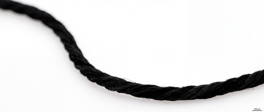 Macro closeup view of black textile fiber twisted strand showing intricate weaving patterns and texture for scientific imaging.