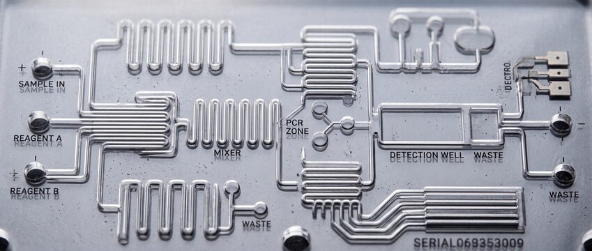 Microfluidic chip device for medical laboratory analysis featuring intricate channel pathways for sample reagent mixing processes.