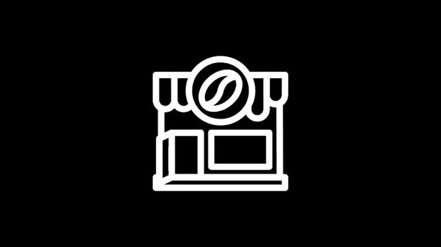 Simple white line art icon of a coffee shop with a coffee bean logo