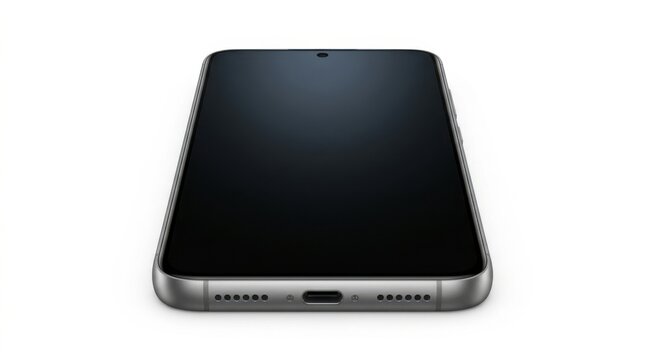 Modern smartphone device with black screen display lying flat showing charging port isolated on a clean white background isolated on white background