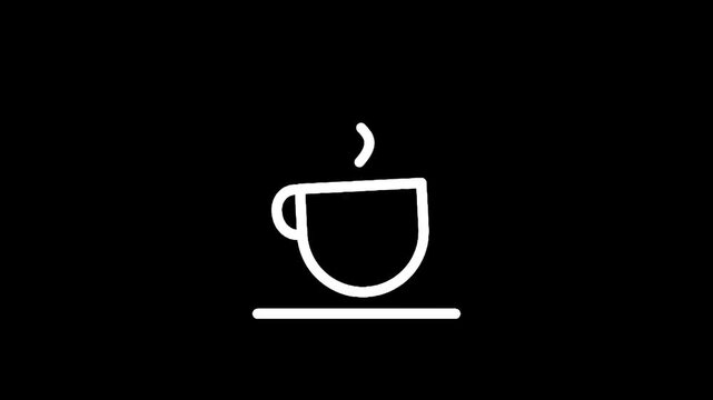 Simple white line art icon of a steaming coffee cup on a saucer against a black background