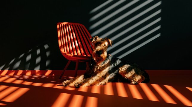 Brown and black Airedale terrier dog lying on orange surface in strong sunbeams and red plastic furniture