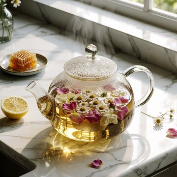 Glass teapot brewing chamomile herbal tea with rose petals on sunlit marble kitchen counter