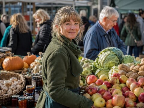 Verk&auml;uferin pr&auml;sentiert frisches Obst und Gem&uuml;se auf einem regionalen Wochenmarkt. Saisonale Produkte, nachhaltiger Einkauf und authentische Marktatmosph&auml;re im Herbst.