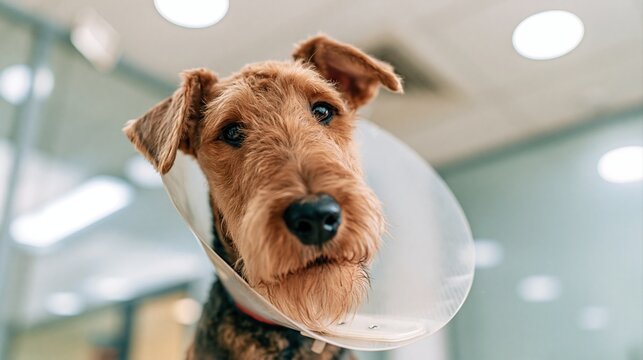 Small brown terrier dog wearing plastic protective collar neck shield inside medical facility or veterinary clinic room with bright overhead lighting visible in background