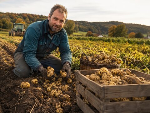 Landwirt erntet frische Kartoffeln direkt vom Feld und f&uuml;llt sie in Holzkisten. Authentische Landwirtschaft, regionale Erzeugnisse und herbstliche Erntezeit in Deutschland.