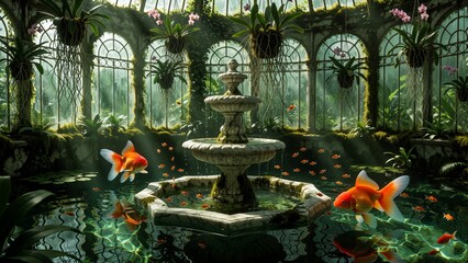 Fototapeta premium Serene Indoor Garden Conservatory with Stone Fountain and Goldfish Pond