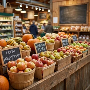 Fresh apples displayed at an autumn farmers market, seasonal produce shopping, local orchard harvest, healthy family food.