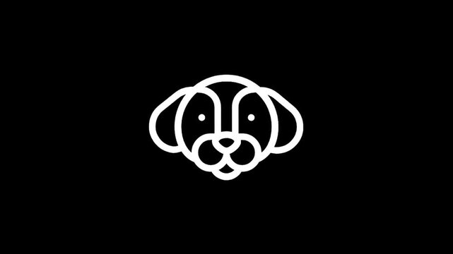 Minimalist white dog face icon on a solid black background, simple line art illustration