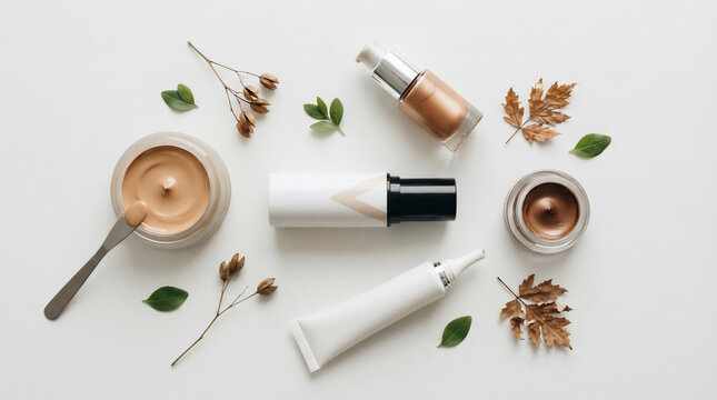 Flat lay of natural cosmetic makeup products, face cream, foundation, and liquid serum on white background decorated with autumn leaves