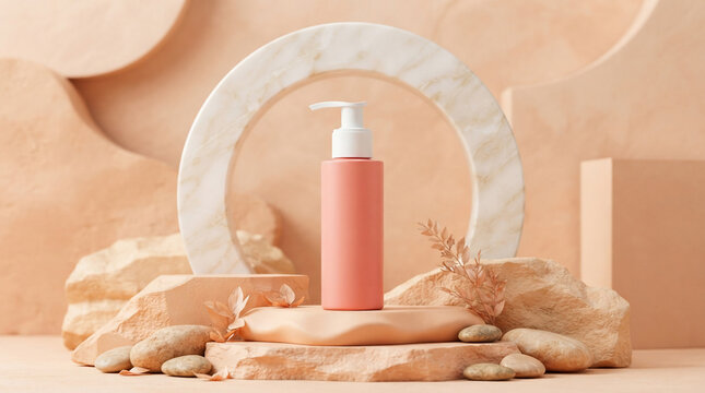 Minimalist beauty product display with beige and peach tones, featuring a dispenser bottle on a pedestal surrounded by organic shapes and dried plants for a natural aesthetic