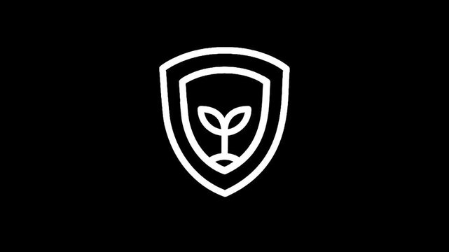 White outline of a shield with a sprouting plant inside on a black background
