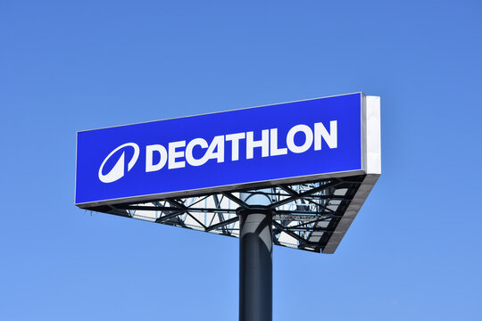 Decathlon signage, logo, emblem at French sporting goods retailer. WARSAW, POLAND - APRIL 18, 2026