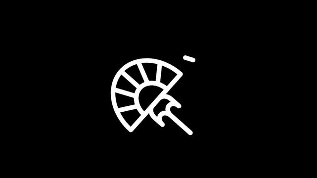 Abstract white fan symbol with sun and umbrella elements on black background