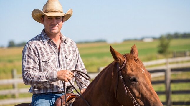Cowboy riding horse on ranch. Caucasian man wearing hat and plaid shirt on farm. Equestrian animal trainer working outdoors. Countryside lifestyle, agriculture and livestock breeding.