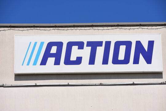 Action discount store signage, emblem, logo at Atrium Reduta shopping mall. WARSAW, POLAND - APRIL 18, 2026