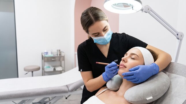 Lip mapping process, professional artist outlining young client lips with cosmetic pencil under beauty lamp, wide horizontal clinic scene with left copy space