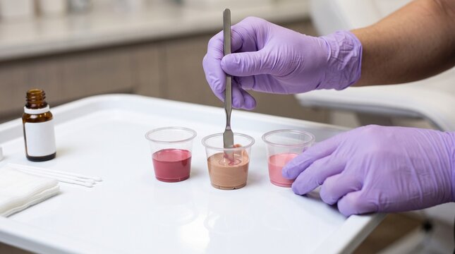 Lip pigment preparation, gloved hands mixing rose nude and pink colours in disposable cups, horizontal close up on clean tray with right copy space