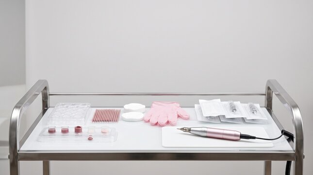 Sterile lip tint workstation, pigment cups disposable tools gloves cartridges and generic machine on clean trolley, panoramic setup with upper negative space