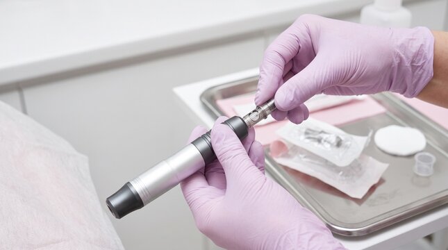 Permanent makeup device preparation, gloved hands attaching sterile cartridge to generic lip tint machine, horizontal macro setup with left negative space