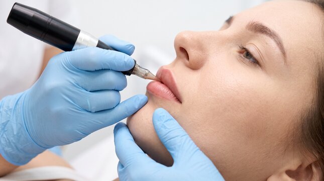 Upper lip tinting, technician applying even soft rose pigment with generic device, horizontal close up showing precise professional technique and realistic lip texture