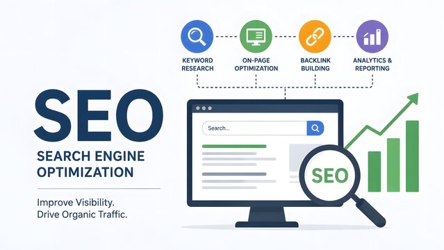 Digital marketing concept showing search engine optimization strategies with computer screen magnifying glass and rising bar chart growth statistics