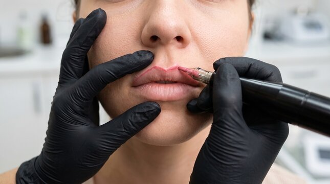 Cupid bow detailing, lip artist performing precise pigment work on upper lip curve, landscape macro procedure with realistic hands and natural skin texture