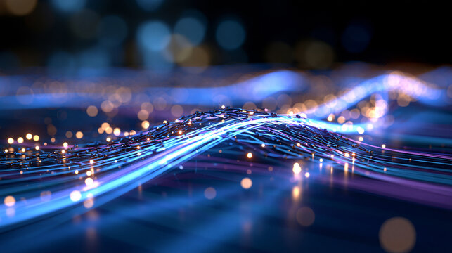 Dynamic big data flow visualization with blockchain networks intersecting luminous communication waves in a bright vibrant three dimensional scene glowing blue and violet
