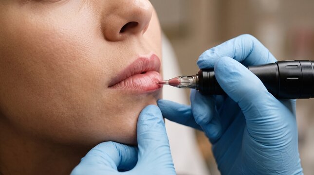 Gentle lip stretching, gloved hands stabilising lower lip during pigment implantation, landscape technical detail with realistic fingers and precise device contact
