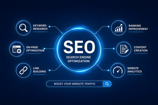 Digital marketing concept with seo search engine optimization text and icons on a dark blue glowing tech background
