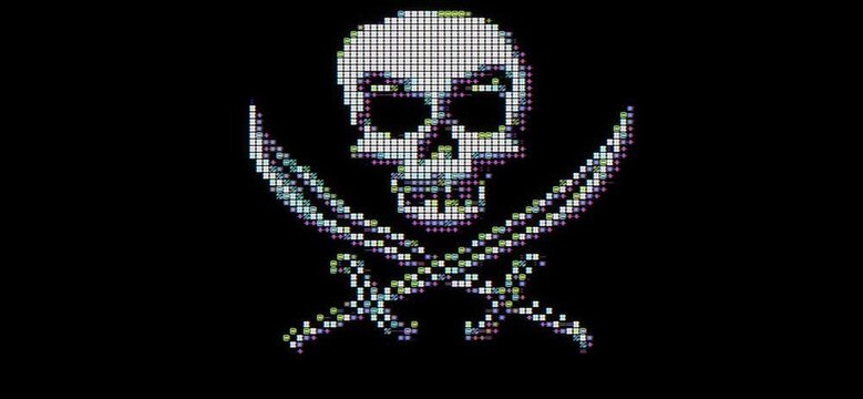 ASCII art Jolly Roger pirate skull and crossbones made of code characters on black background