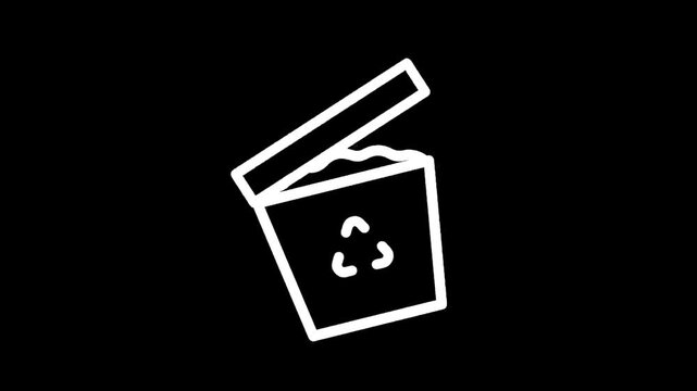 Simple white line drawing of an open trash can with a recycling symbol on a black background