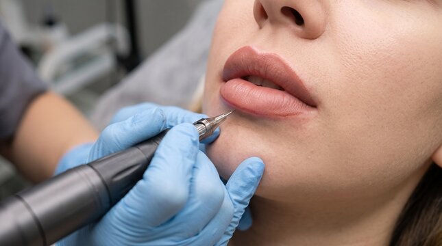 Final lip edge refinement, artist perfecting lower border with generic pigment device, landscape macro procedure showing precise alignment and natural texture